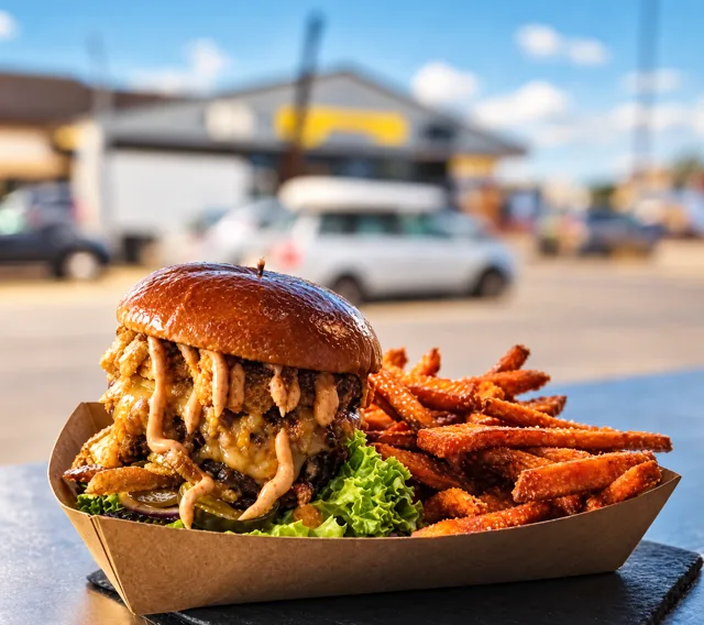 Burger mit Soße und Salat, dazu Süßkartoffel-Pommes in der Pappschale
