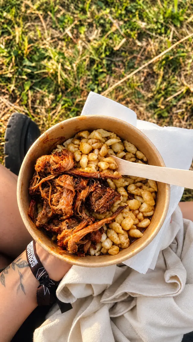Schale Spätzle mit Pulled Pork auf dem Festivalgelände, Festivalbändchen am Handgelenk