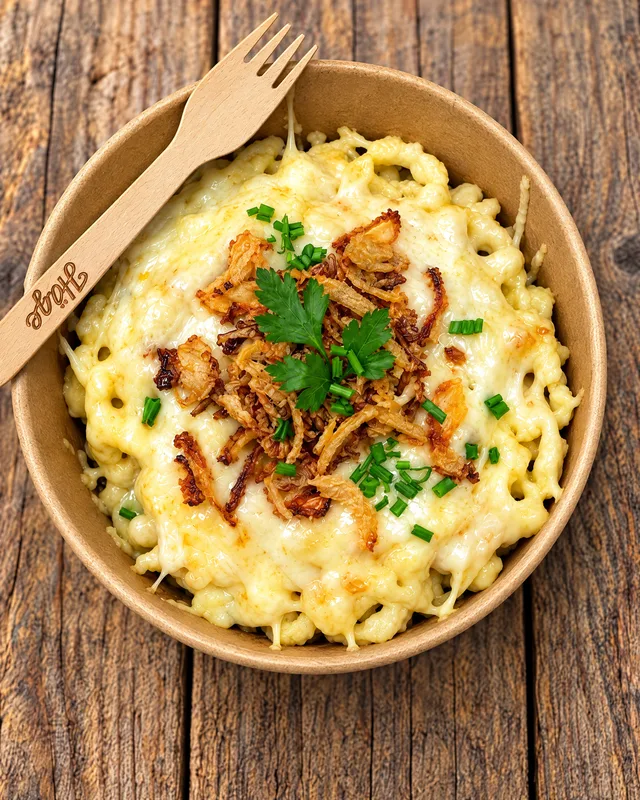 Allgäuer Käsespätzle mit Röstzwiebeln und Schnittlauch in der Pappschale, Häge-Holzgabel
