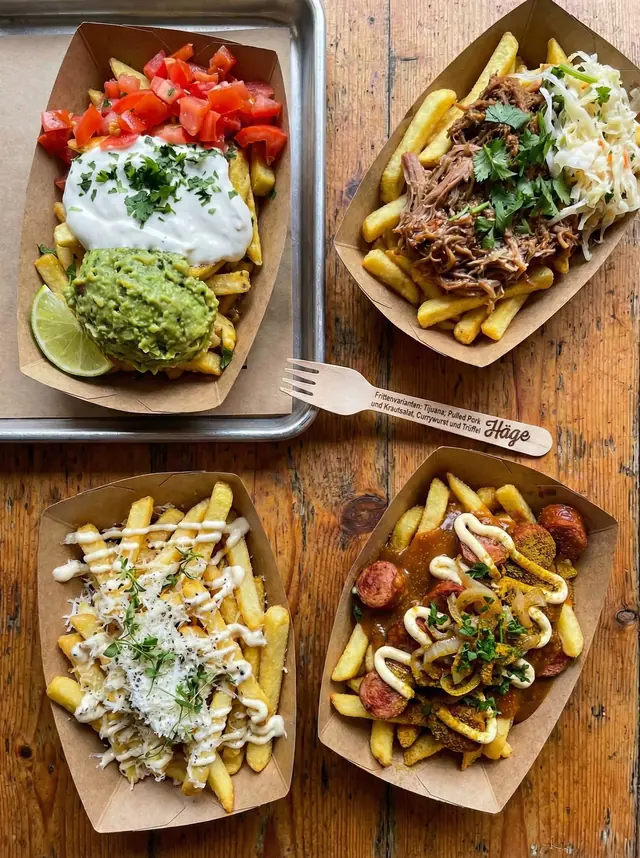 Vier Papierschalen mit verschiedenen Loaded Fries auf Holz, mit Häge-Holzgabel